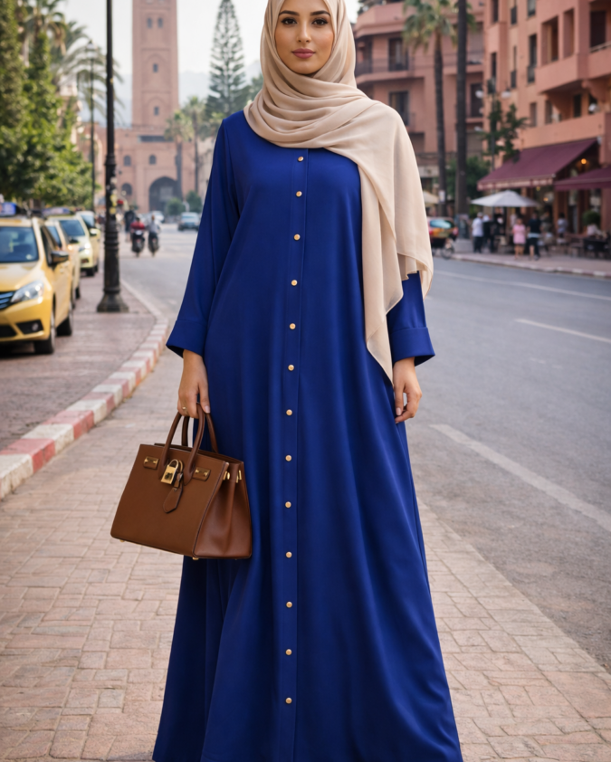 Abaya Hayaa en bleu royal avec manches larges ornées d’une bande décorative